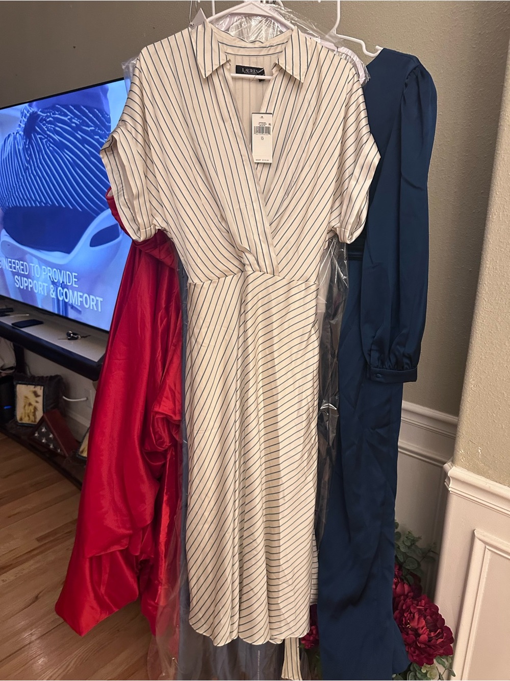 Ralph Lauren Cream Midi Dress with Navy Pinstripes